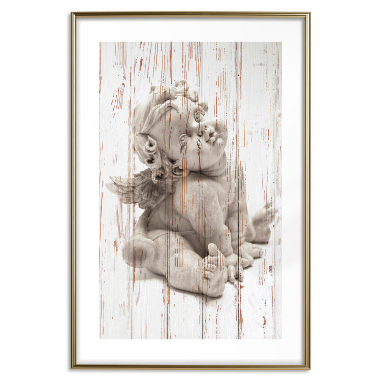 Wall Poster Contemplative Love - stone sculpture of an angel on a wooden texture background 125227 additionalImage 14