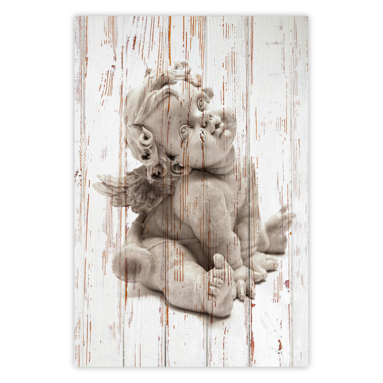 Wall Poster Contemplative Love - stone sculpture of an angel on a wooden texture background 125227