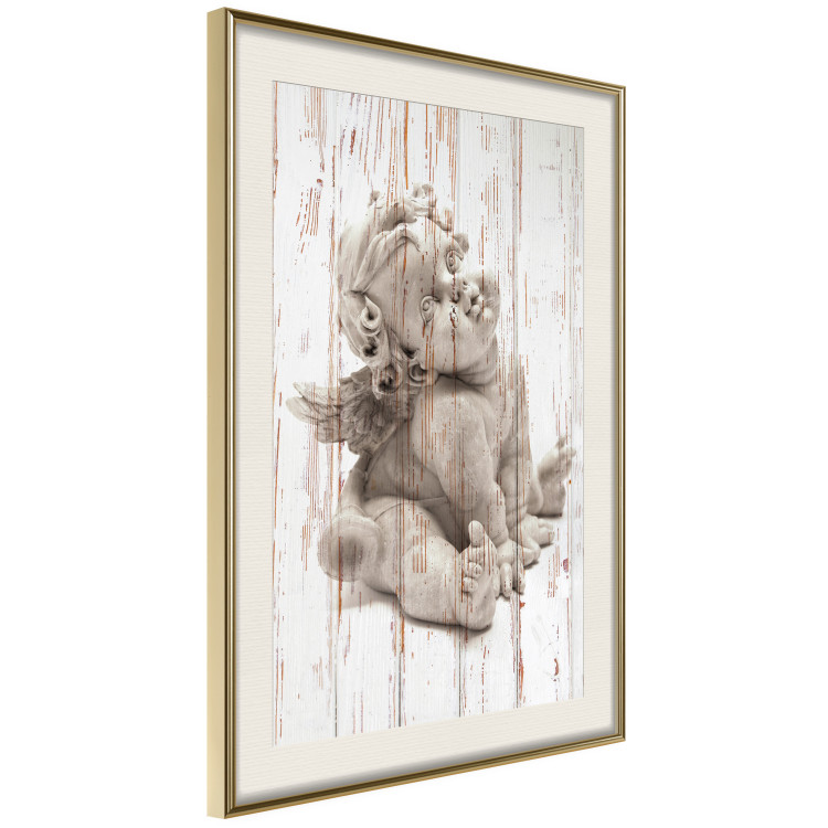 Wall Poster Contemplative Love - stone sculpture of an angel on a wooden texture background 125227 additionalImage 2