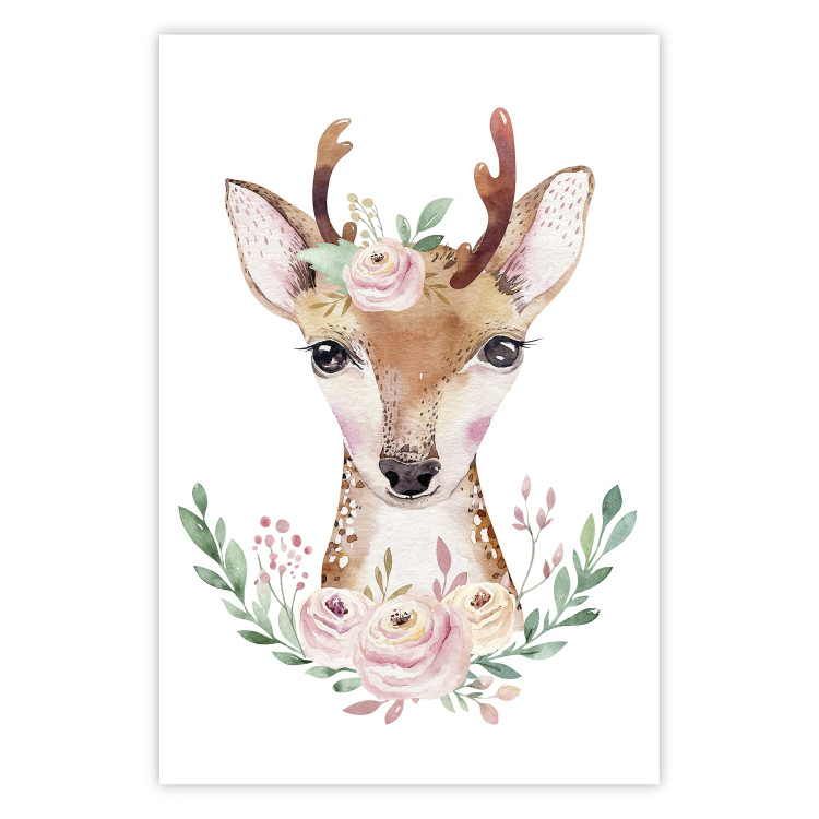 Poster Julius the Deer - composition of pink flowers and a deer on a white background 135727