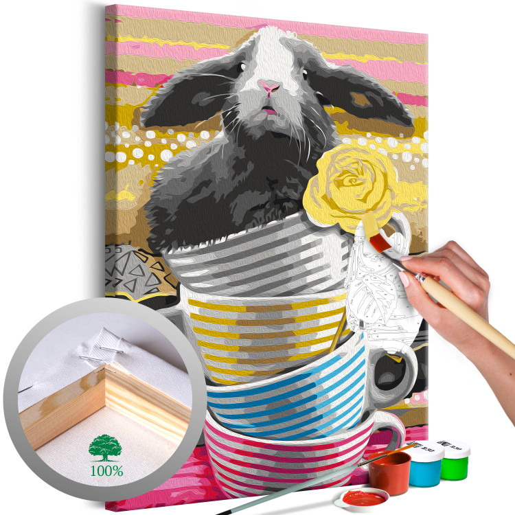 Paint by number Gray Rabbit - Furry Animal in Striped Cups and a Yellow Rose 144527