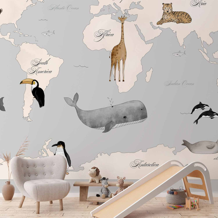 Photo Wallpaper World Map for Kids - Continents and Oceans in Blue Tones 148027