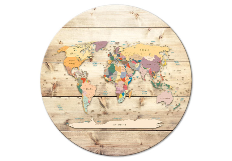 Round Canvas World Map - Colorful Continents on a Background of Wooden Planks 148727