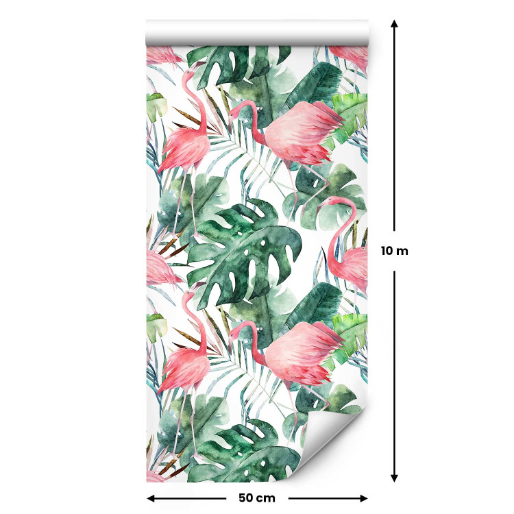 Modern Wallpaper Flamingos in the Jungle - Pink Birds Among the Big Green Leaves 150027 additionalImage 2