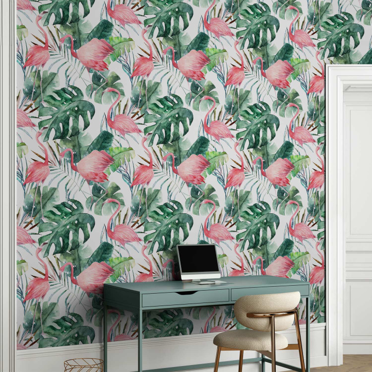 Modern Wallpaper Flamingos in the Jungle - Pink Birds Among the Big Green Leaves 150027 additionalImage 5