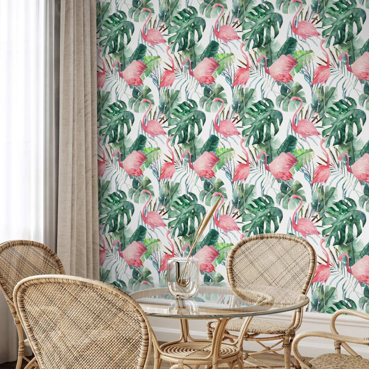 Modern Wallpaper Flamingos in the Jungle - Pink Birds Among the Big Green Leaves 150027 additionalImage 9