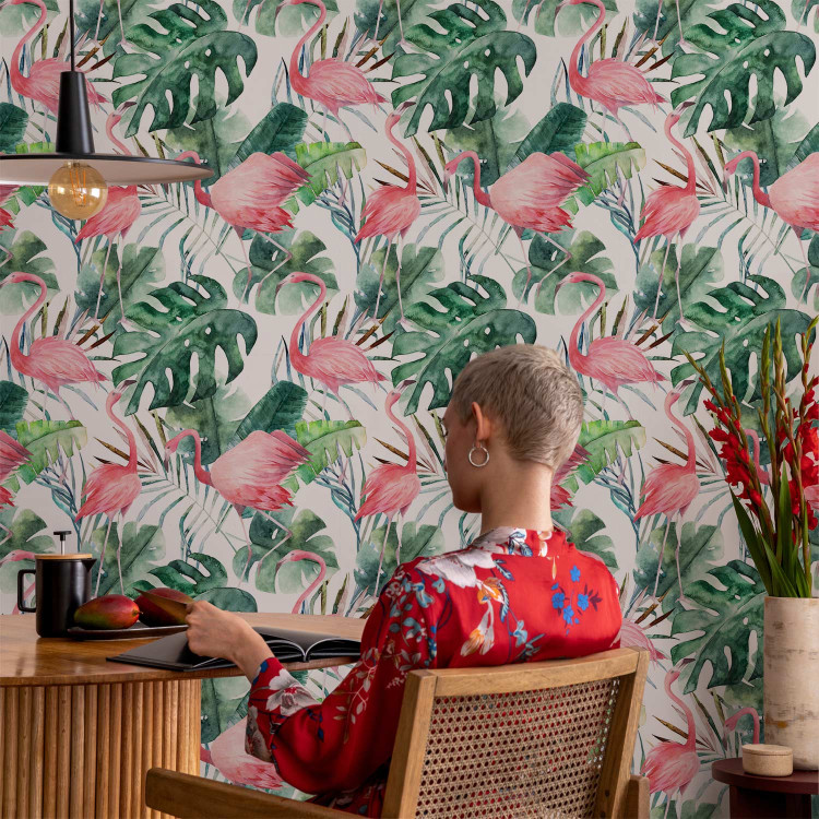 Modern Wallpaper Flamingos in the Jungle - Pink Birds Among the Big Green Leaves 150027 additionalImage 8