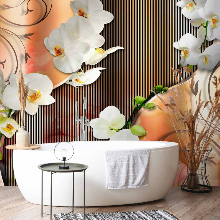 Wall Mural Blooming Flowers - White orchids with ornaments and striped pattern 61827 additionalImage 8