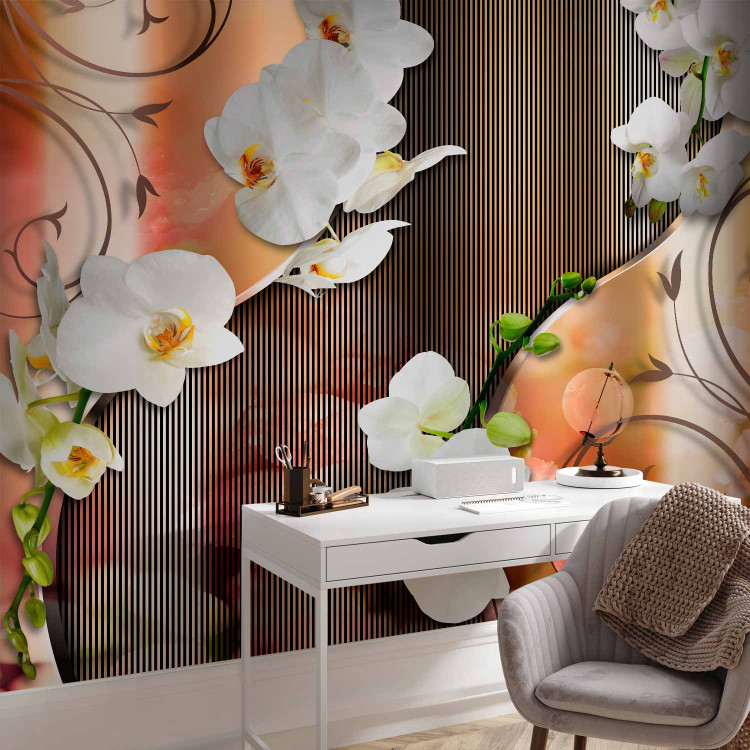Wall Mural Blooming Flowers - White orchids with ornaments and striped pattern 61827 additionalImage 4