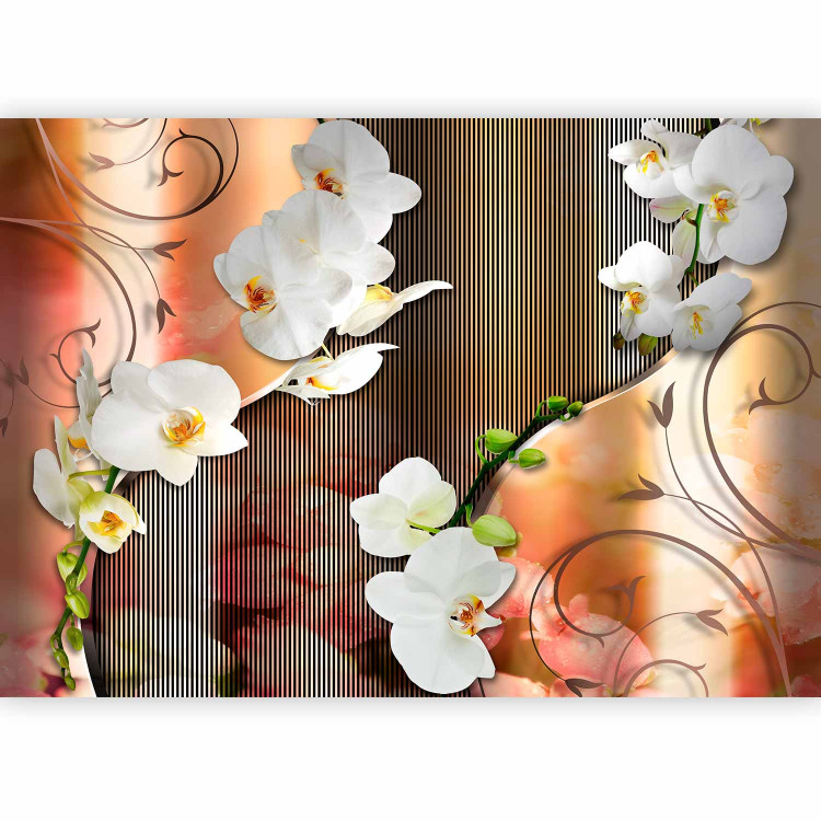 Wall Mural Blooming Flowers - White orchids with ornaments and striped pattern 61827 additionalImage 1