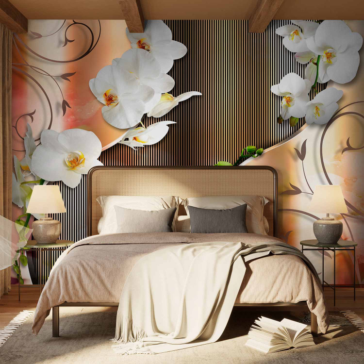 Wall Mural Blooming Flowers - White orchids with ornaments and striped pattern 61827 additionalImage 2