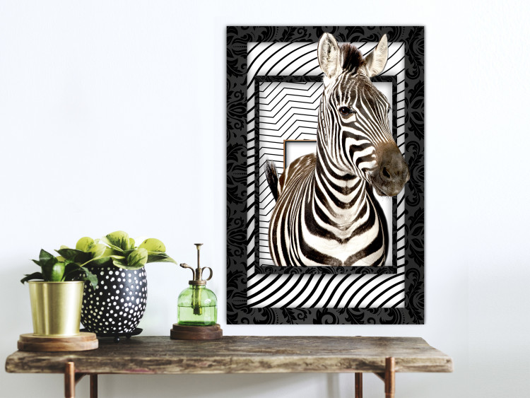 Wall Poster Zebra - black and white composition with a striped mammal on a patterned background 116437 additionalImage 23