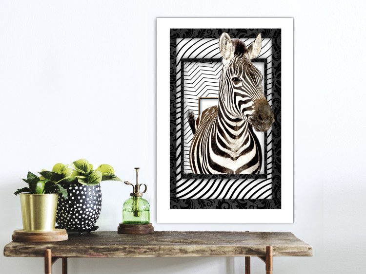 Wall Poster Zebra - black and white composition with a striped mammal on a patterned background 116437 additionalImage 13
