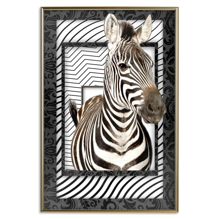 Wall Poster Zebra - black and white composition with a striped mammal on a patterned background 116437 additionalImage 16
