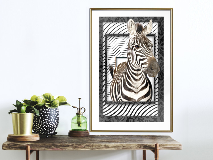 Wall Poster Zebra - black and white composition with a striped mammal on a patterned background 116437 additionalImage 15