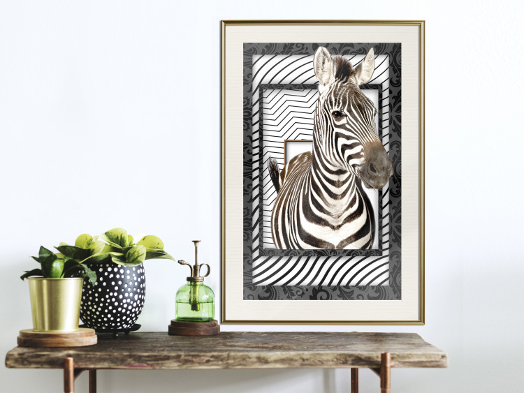 Wall Poster Zebra - black and white composition with a striped mammal on a patterned background 116437 additionalImage 21