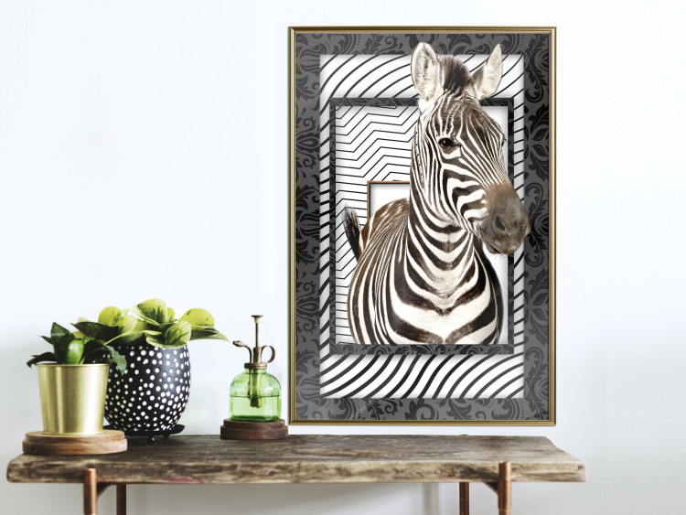 Wall Poster Zebra - black and white composition with a striped mammal on a patterned background 116437 additionalImage 9