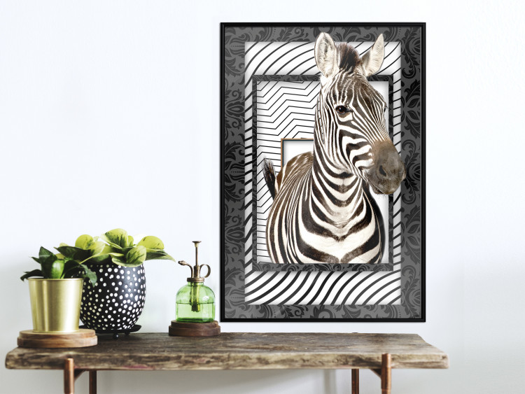 Wall Poster Zebra - black and white composition with a striped mammal on a patterned background 116437 additionalImage 14