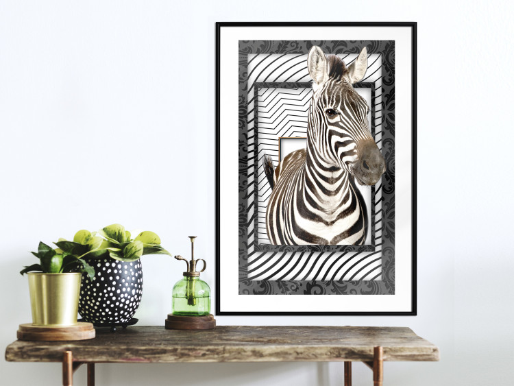 Wall Poster Zebra - black and white composition with a striped mammal on a patterned background 116437 additionalImage 10