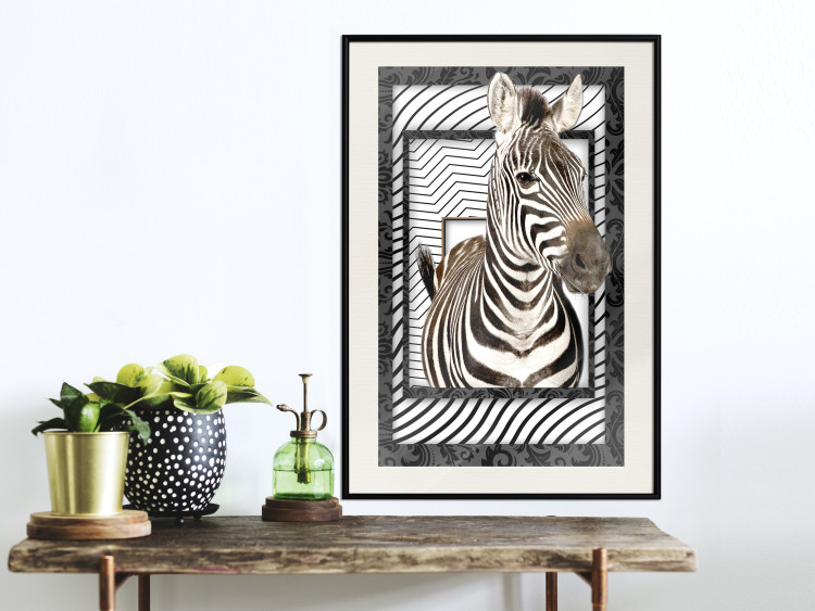 Wall Poster Zebra - black and white composition with a striped mammal on a patterned background 116437 additionalImage 22