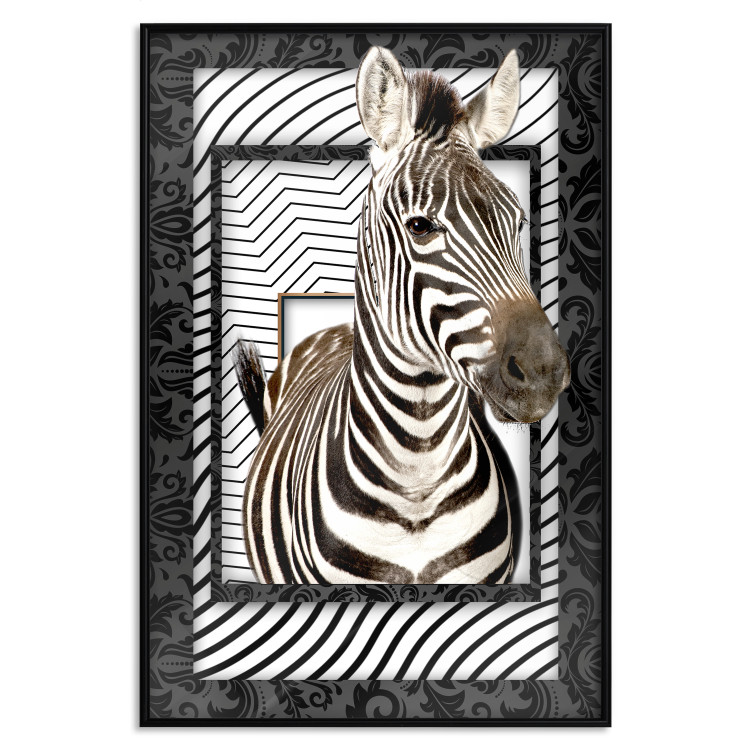 Wall Poster Zebra - black and white composition with a striped mammal on a patterned background 116437 additionalImage 24