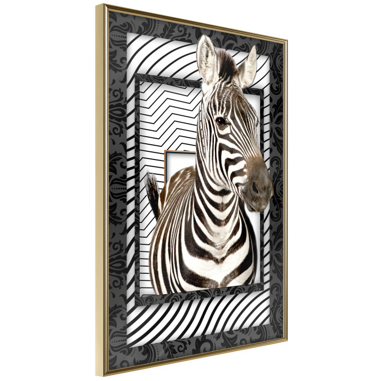 Wall Poster Zebra - black and white composition with a striped mammal on a patterned background 116437 additionalImage 5