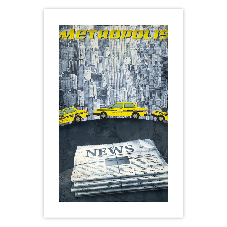 Wall Poster Metropolis - newspapers with captions and yellow cars against skyscrapers 123637 additionalImage 25