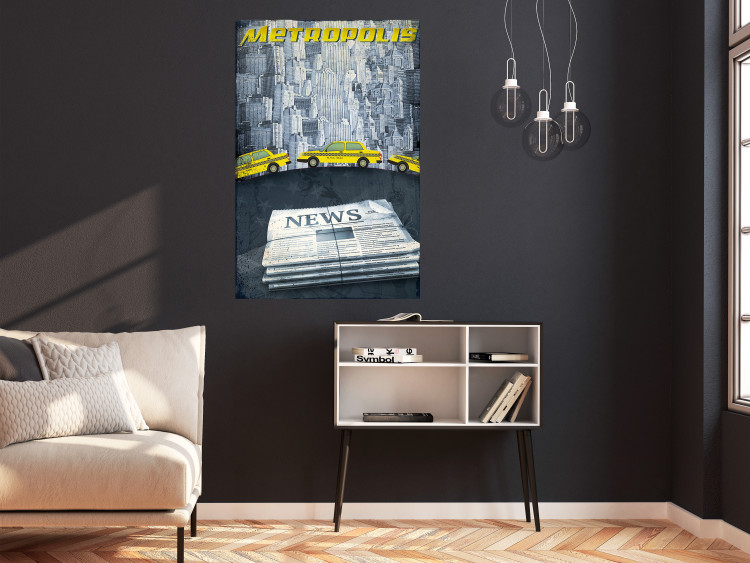 Wall Poster Metropolis - newspapers with captions and yellow cars against skyscrapers 123637 additionalImage 23