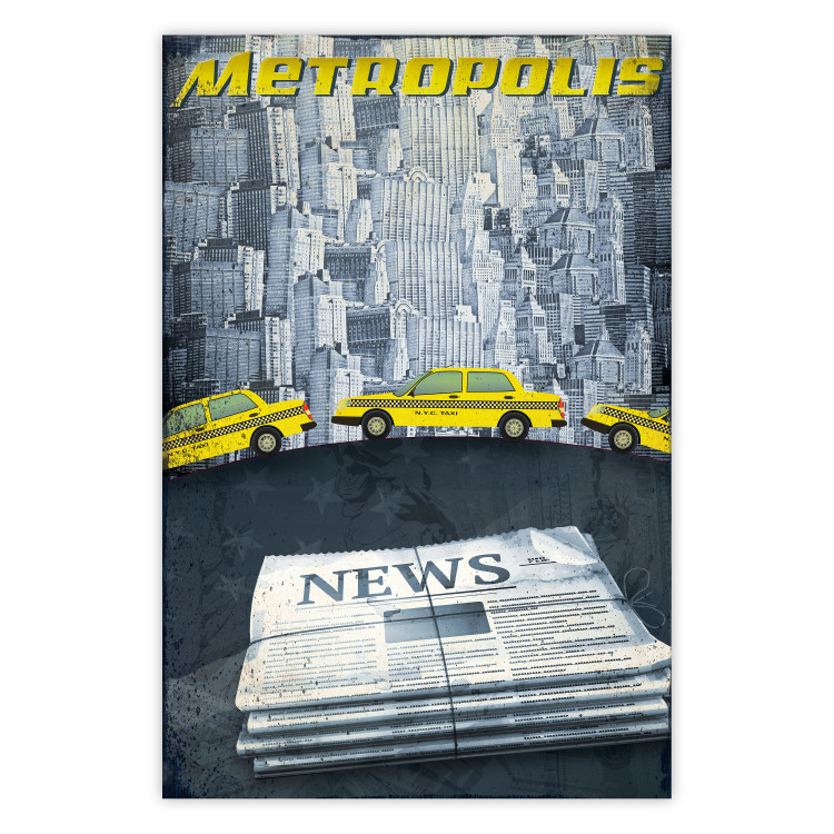 Wall Poster Metropolis - newspapers with captions and yellow cars against skyscrapers 123637