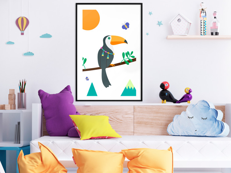 Wall Poster Toucan and Butterflies - amusing parrot with colorful necklace on white background 123737 additionalImage 4