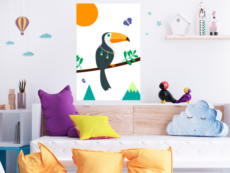 Wall Poster Toucan and Butterflies - amusing parrot with colorful necklace on white background 123737 additionalImage 20