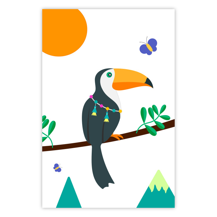 Wall Poster Toucan and Butterflies - amusing parrot with colorful necklace on white background 123737