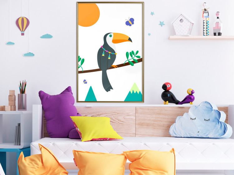 Wall Poster Toucan and Butterflies - amusing parrot with colorful necklace on white background 123737 additionalImage 5
