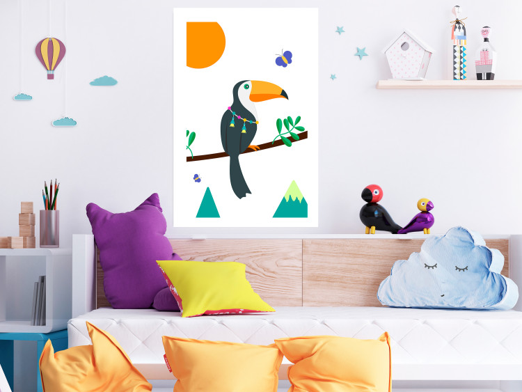 Wall Poster Toucan and Butterflies - amusing parrot with colorful necklace on white background 123737 additionalImage 2