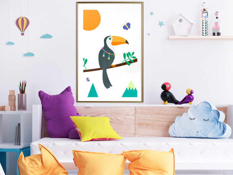 Wall Poster Toucan and Butterflies - amusing parrot with colorful necklace on white background 123737 additionalImage 13