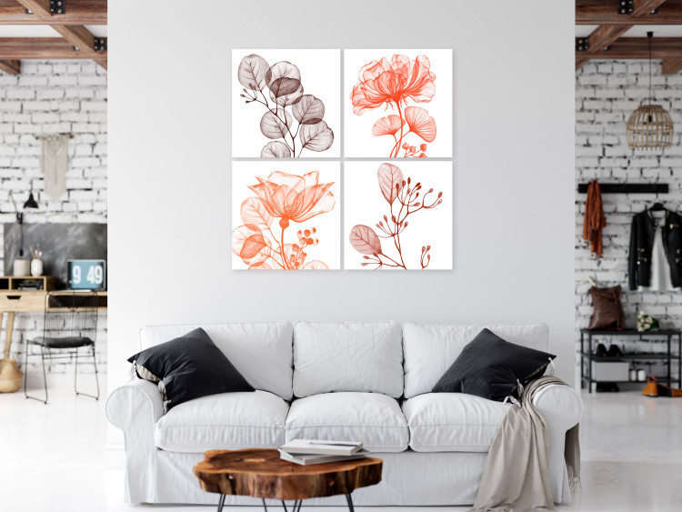 Canvas Four flowers with leaves - four-part composition on white background 126537 additionalImage 3