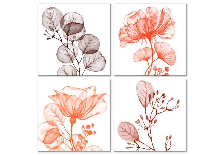 Canvas Four flowers with leaves - four-part composition on white background 126537
