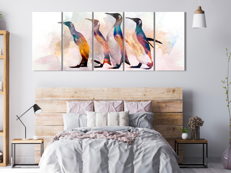Canvas Penguin Wanderings (5-part) narrow - colorful birds on a light background 127537 additionalImage 3