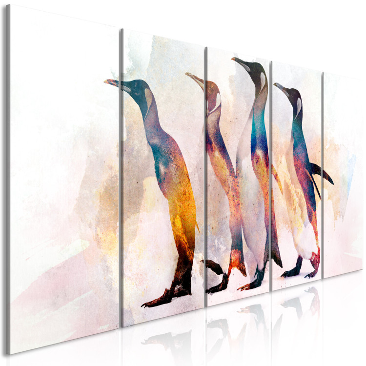 Canvas Penguin Wanderings (5-part) narrow - colorful birds on a light background 127537 additionalImage 2