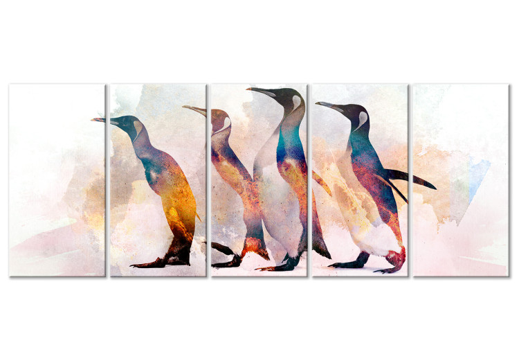 Canvas Penguin Wanderings (5-part) narrow - colorful birds on a light background 127537