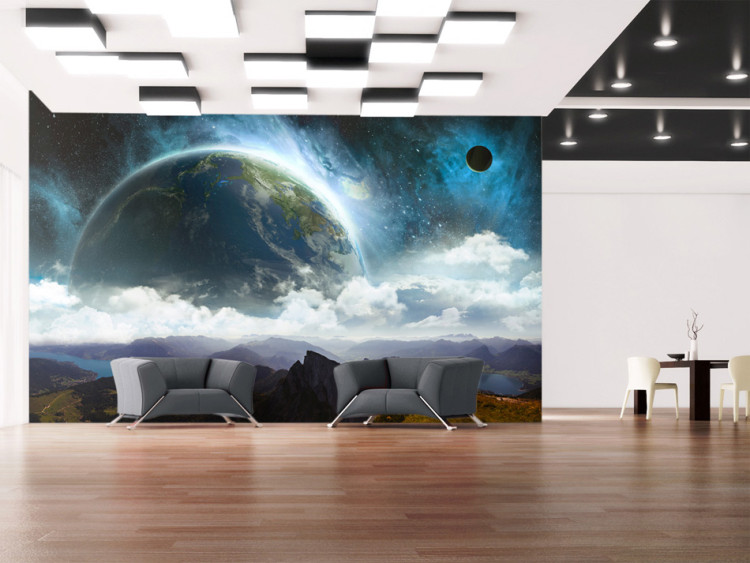 Wall Mural Cosmic World - Landscape with Space and Earth in Clouds Above Mountains 59837