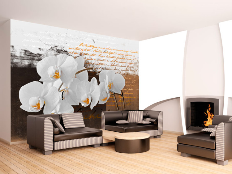 Photo Wallpaper Sentimental Thoughts - Orchid Flowers in a Modern Motif with Texts 60237