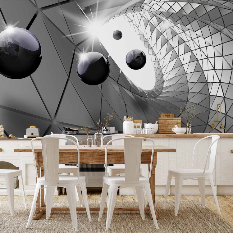 Photo Wallpaper Grey illusion - modern abstraction with 3D effect and black balls 91937 additionalImage 6