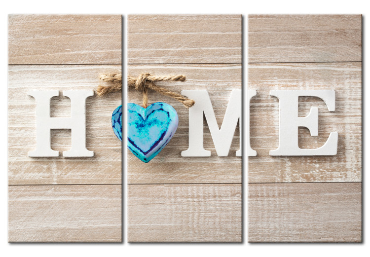 Canvas Art Print Heart of Home in Retro (3-part) - English Text on Wooden Background 94837