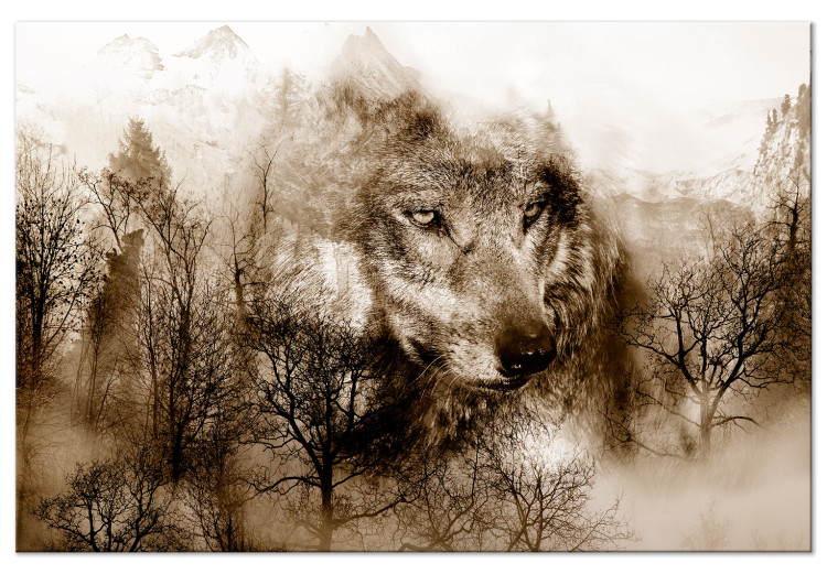 Canvas Wolf - portrait of an animal on the background of a mountain landscape 108247