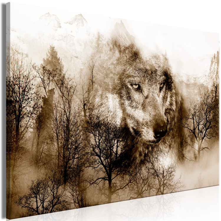 Canvas Wolf - portrait of an animal on the background of a mountain landscape 108247 additionalImage 2