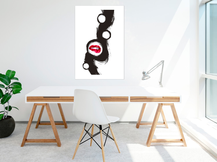Wall Poster Bitten lips - black and white abstraction with a touch of red 115047 additionalImage 2
