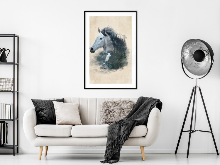 Poster Messenger of Freedom - gray horse surrounded by nature on a beige texture 130447 additionalImage 18