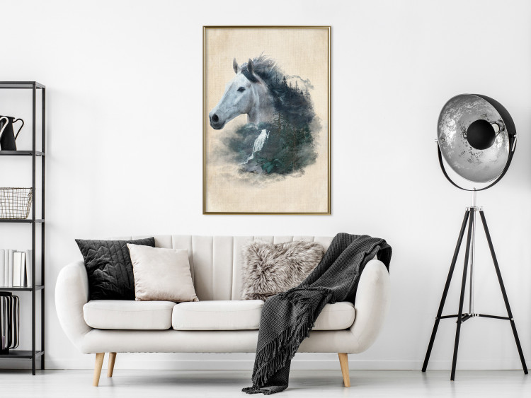 Poster Messenger of Freedom - gray horse surrounded by nature on a beige texture 130447 additionalImage 11