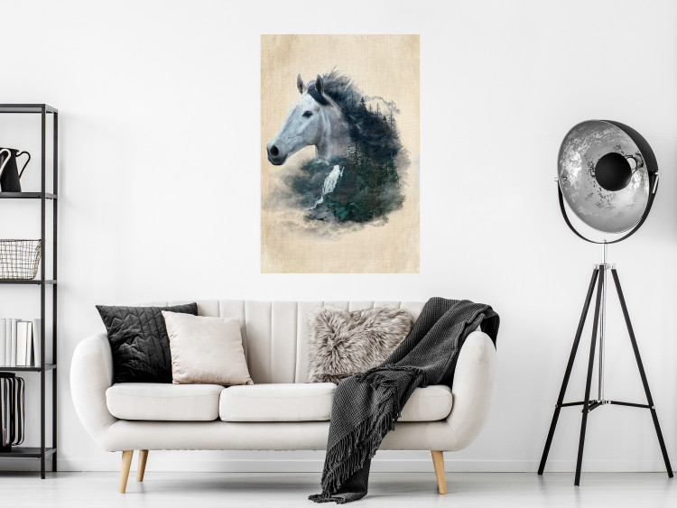 Poster Messenger of Freedom - gray horse surrounded by nature on a beige texture 130447 additionalImage 9